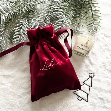 prémium minőségű bársony piros bordó zsák, mikulászsák névreszóló